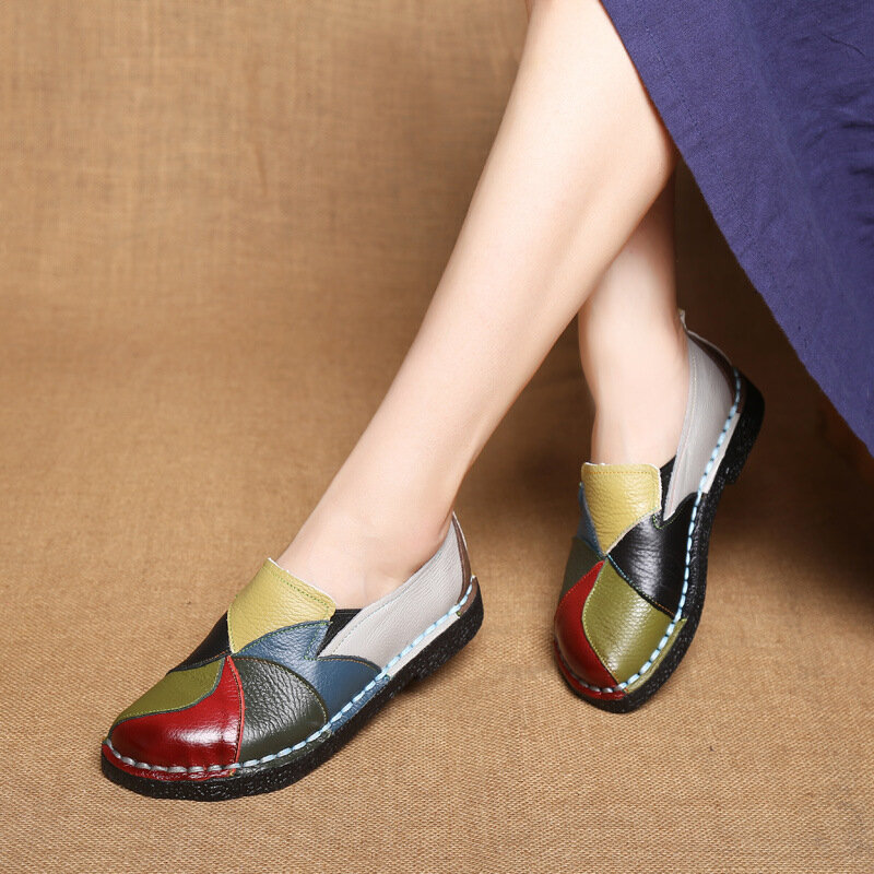 WOIZGIC ผู้หญิงสุภาพสตรีหญิงหญิงแม่รองเท้าของแท้ Sepatu Pantofel Kulit รองเท้าแตะผสมสีสันลื่นบน Plus ขนาด42