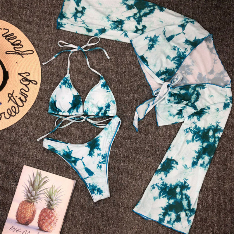 Sexy Three Pieces Bikini Set Leopard Long Sleeve Bikini Swimwear Lace Up Bikini Bathing Suits Split swimsuit 2022 Summer New