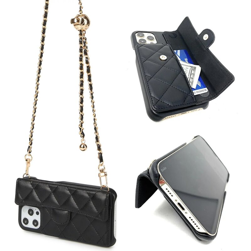 Capa de telefone para Apple iPhone 14 Pro Max, carteira com ranhuras para cartões, alça destacável, bolsa de ombro feminina, carteira para menina, moda