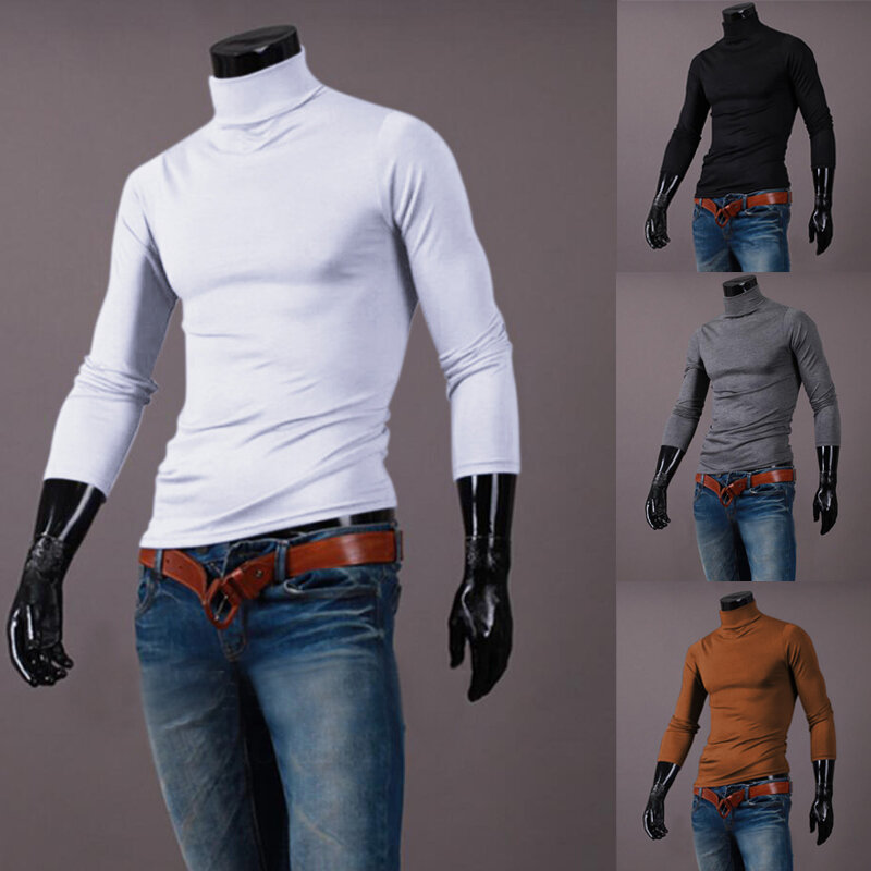 남성용 보온 긴팔 롤 티셔츠, 남성용 터틀넥, 단색, 슬림하고 탄력있는 얇은 풀오버, 니트 스웨터 탑, 가을