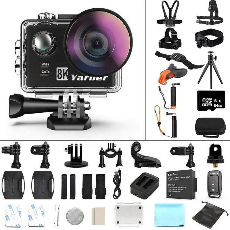 Yarber 8K cámara de deportes de acción WIFI 4K 60fps casco de bicicleta cámaras de acción 40M impermeable buceo Video Dash Cam con aplicación remota
