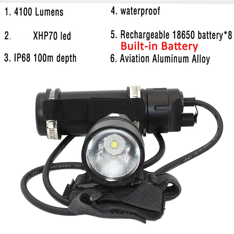 Linterna LED subacuática XHP70 con batería integrada, luz Led de muñeca dividida, resistente al agua, para buceo