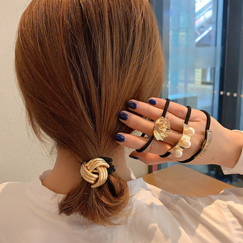 Korean Simple Metal Fashion Elastic Hair Bands Geometric Hollow Gold Headwear Hair Rope Ties Women Hair Accessories