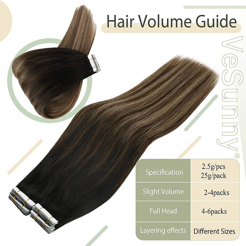 VeSunny-Extensions de cheveux humains à ruban adhésif, noir, ombré, brun foncé, caramel, blond, cheveux raides
