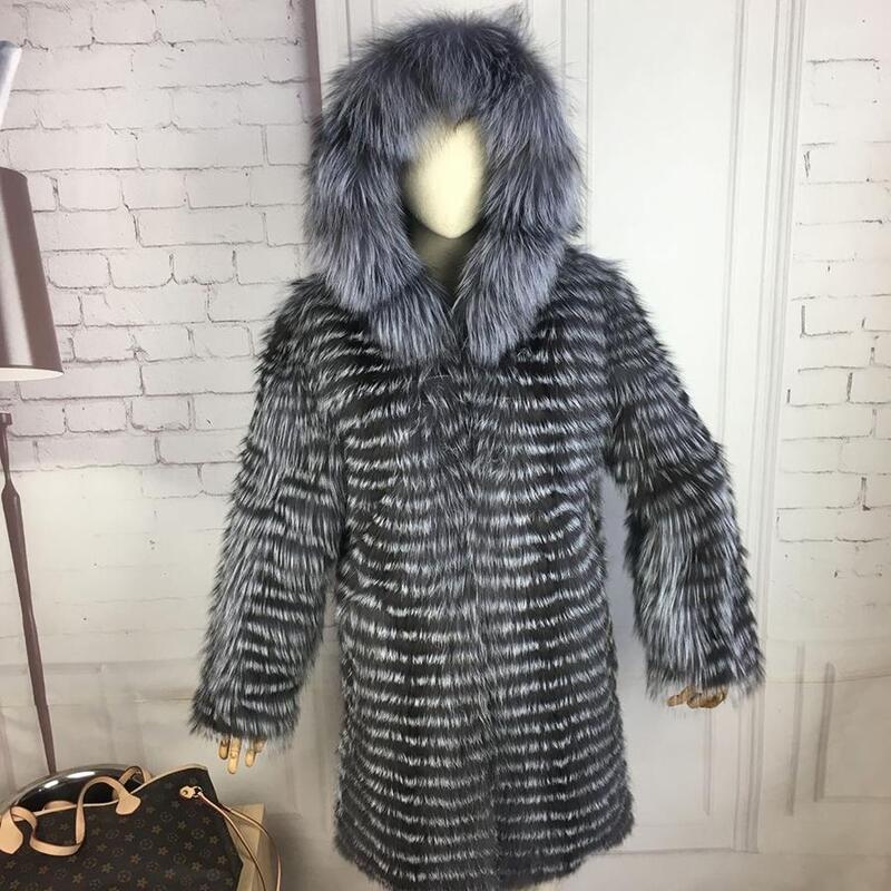 Nova moda casaco de pele de raposa de prata com capuz casaco de pele de raposa de prata casaco de pele real 90cm comprimento feminino casaco de pele de raposa vermelha