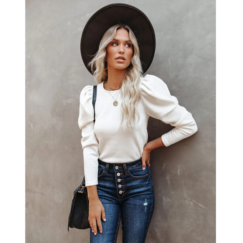 Women Puff Long Sleeve Round Neck Solid Blouse 2020 Autumn Winter Slim Shirt Elegant Office Lady Rib Casual Short Pullover Tops