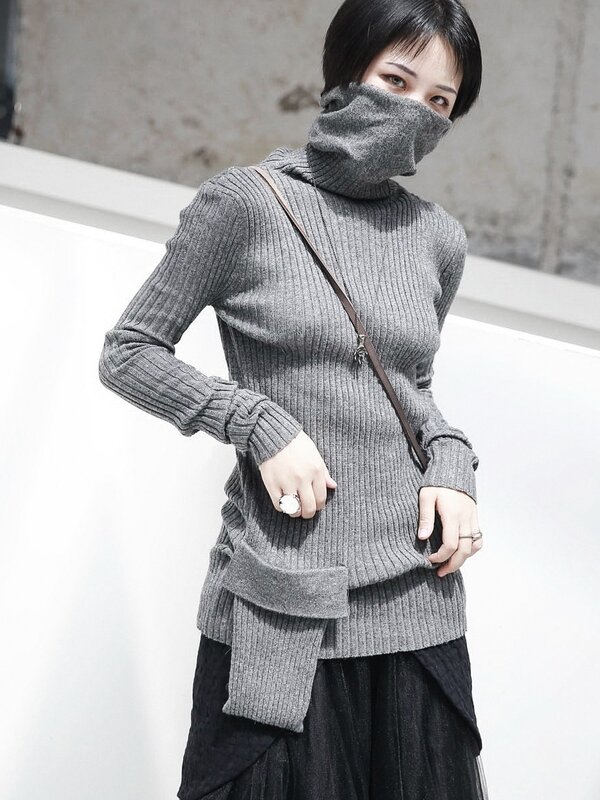 [Eam] ponto de bolso preto tricô suéter solto ajuste gola alta manga longa pullovers feminino nova moda maré primavera 2020 ji097