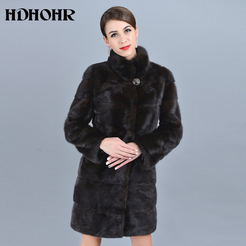 HDHOHR 2024 cappotti di pelliccia di visone naturale di alta qualità marrone donna colletto alla coreana Outwear Park femminile caldo inverno vera giacca di pelliccia di visone