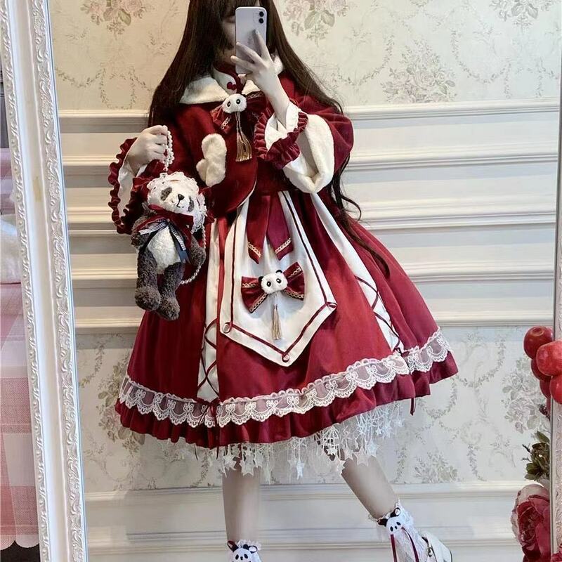 Lolita Dress Chinese Style Panda Long-Sleeved Red Party Daily Lolita Dress Op