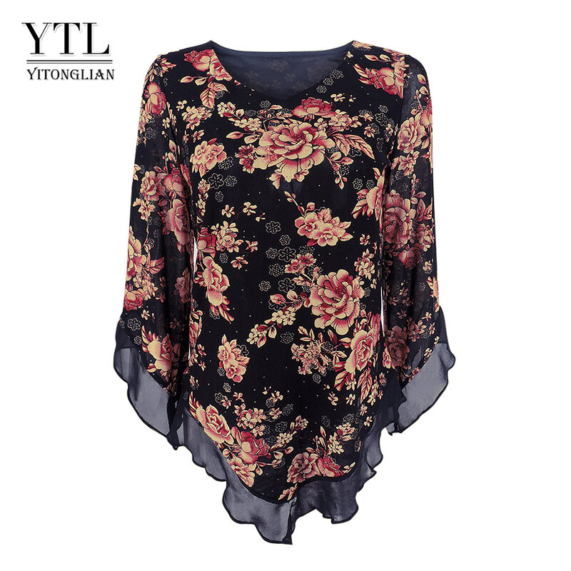 Yitonglian Plus Ukuran Baju Wanita 2020 Blus Bunga Atasan Tunik Kasual Suar Lengan Panjang Blus Kemeja Blusas Elegan H369R