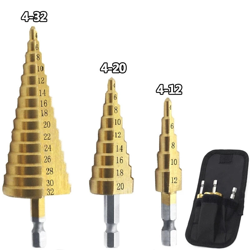 HSS Straight Groove Step Drill Bit, revestido de titânio, madeira, Metal Hole Cutter, Core Cone, Conjunto de ferramentas de perfuração, 4-12, 4-20, 4-32mm