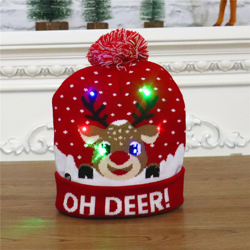 Gorro de punto con luz LED para niños, suministros de sombreros de Navidad y Año Nuevo, suéter de Papá Noel y alce, patrón de dibujos animados, regalo de Navidad