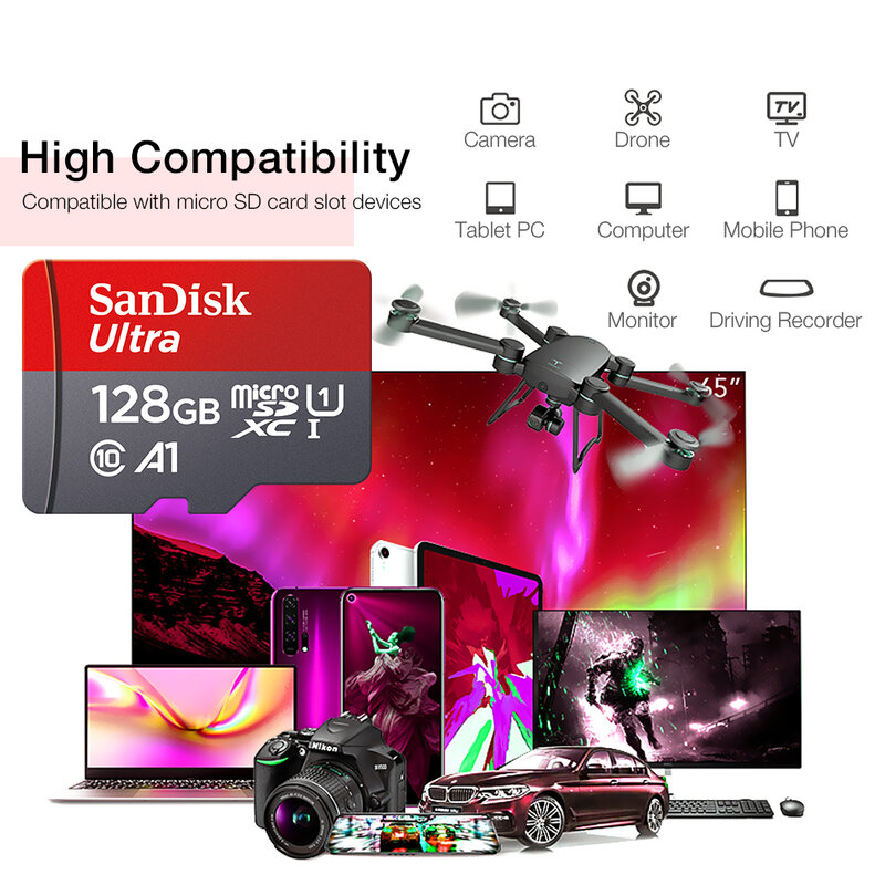 SanDisk-cartão de memória Ultra UHS-1 A1, 32GB, 64GB, 128GB, 256GB, 512GB, 100 Mbps, Classe 10, cartão flash, MicroSDXC, original