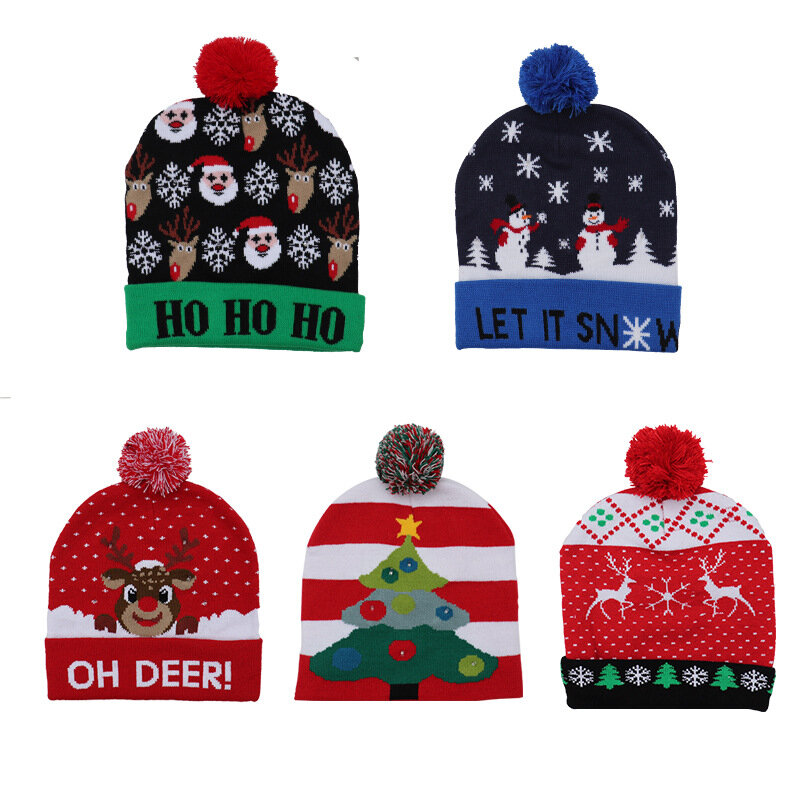 New Year Christmas Hats Supplies Sweater Santa Elk Knitted Beanie Hat With LED Light Up Cartoon Patteren Christmas Gift For Kids