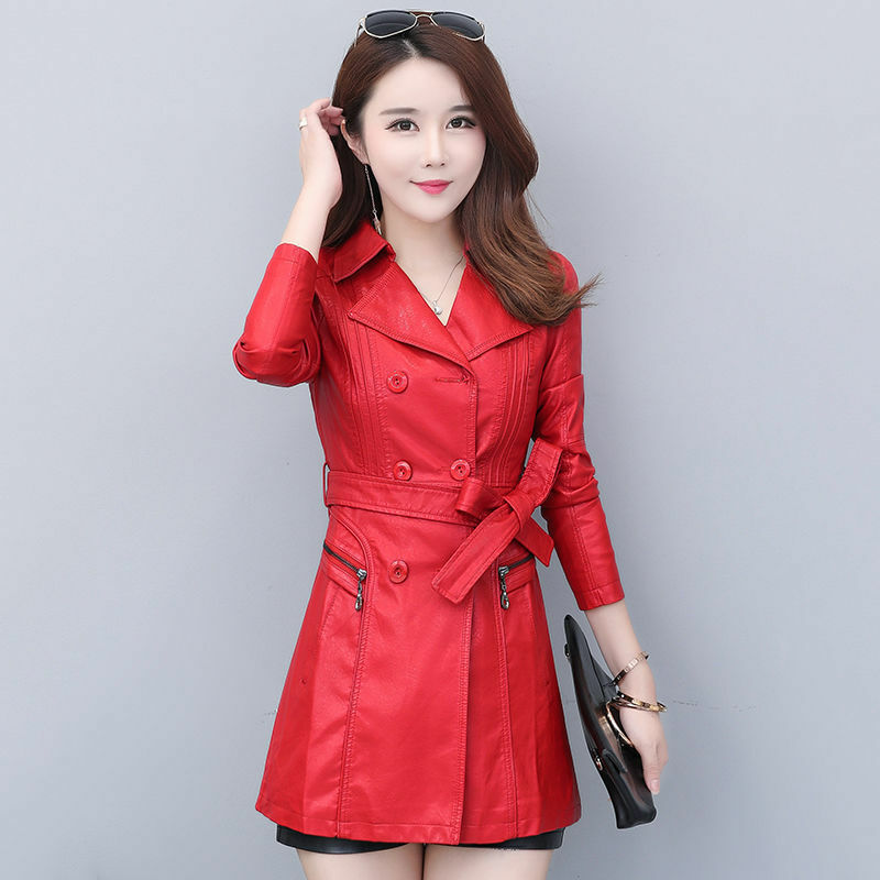 Fashion Pu Leather Jacket Women Spring Autumn Windbreaker Jacket Female Mid Long Korean Version Slim Skin Windbreaker Coat R1677