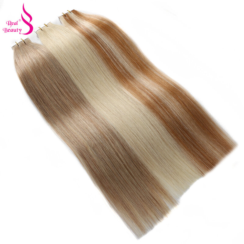 REAL BEAUTY-Extension de Cheveux Humains Lisses, Ruban Adhésif, Sans Couture, Invisible, Brésilien, Remy, Document de Balayage Blond, 20 Pièces