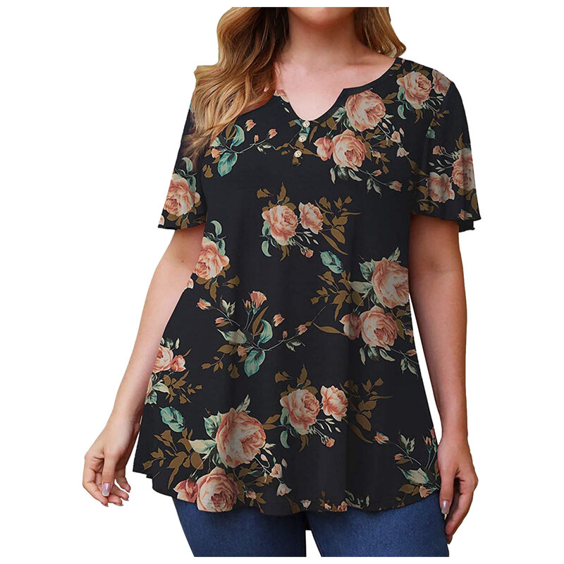 Koszulka letnia damska luźna koszulka w stylu vintage krótki guzik na rękawie z nadrukiem t-shirty damskie gruby MM plus rozmiar odzież damska bluzki w dużych rozmiarach
