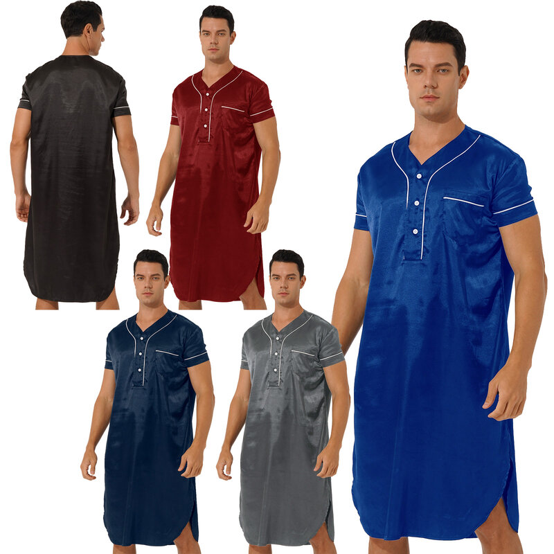 Men v neck manga curta cetim pijamas nightshirt botão curvo hemline pulôver nightwear noite-robe com bolso sleepwear
