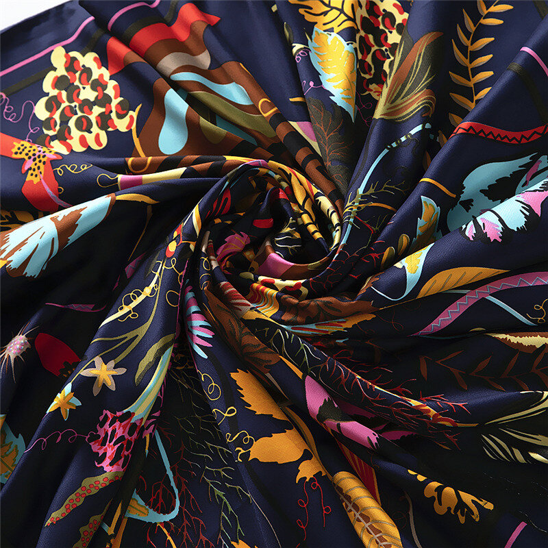 Pañuelo de seda de sarga 100% para mujer, chal cuadrado de 130cm con estampado de flores y plantas, nueva marca