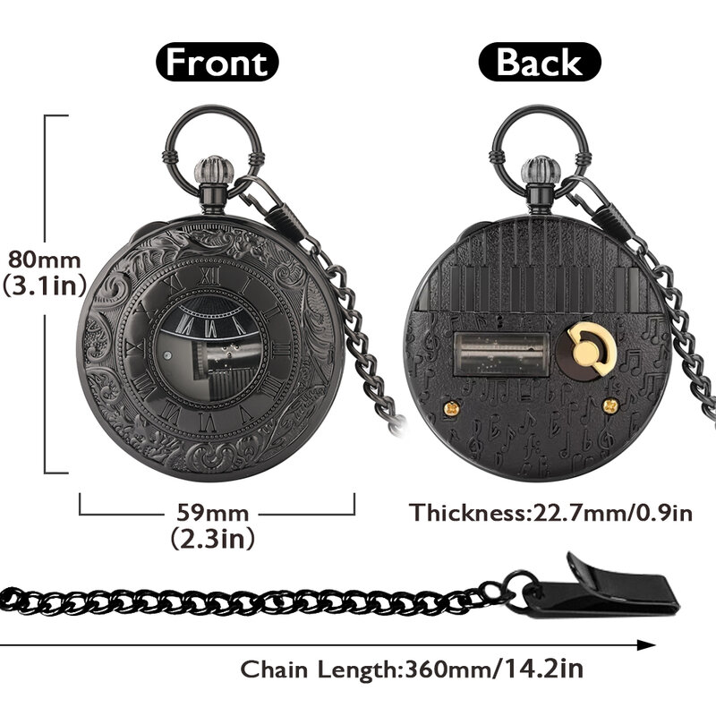 Relógio de bolso movimento de música de quartzo preto clássico relógio de música do vintage relógio de pulso e corrente pingente presente