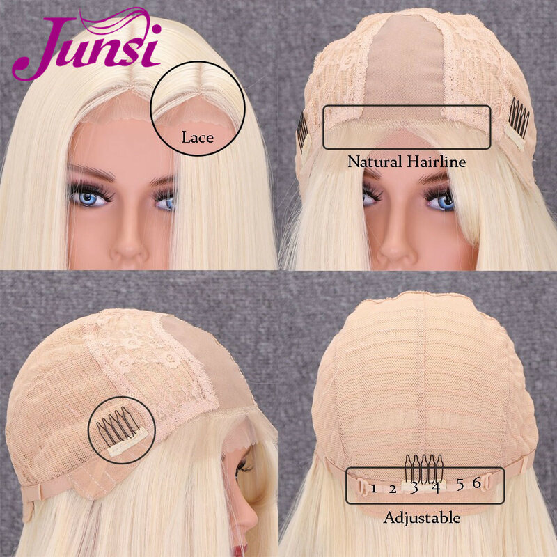 JUNSI 금발 짧은 스트레이트 밥 합성 가발 여성을위한 중간 부분 자연 코스프레 매일 사용 머리