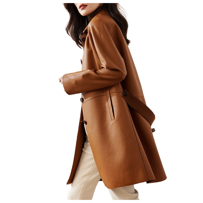 Comprimento médio Casaco de carneiro para mulheres, casaco de couro genuíno, colarinho de lapela, cinto, primavera, outono, ol moda
