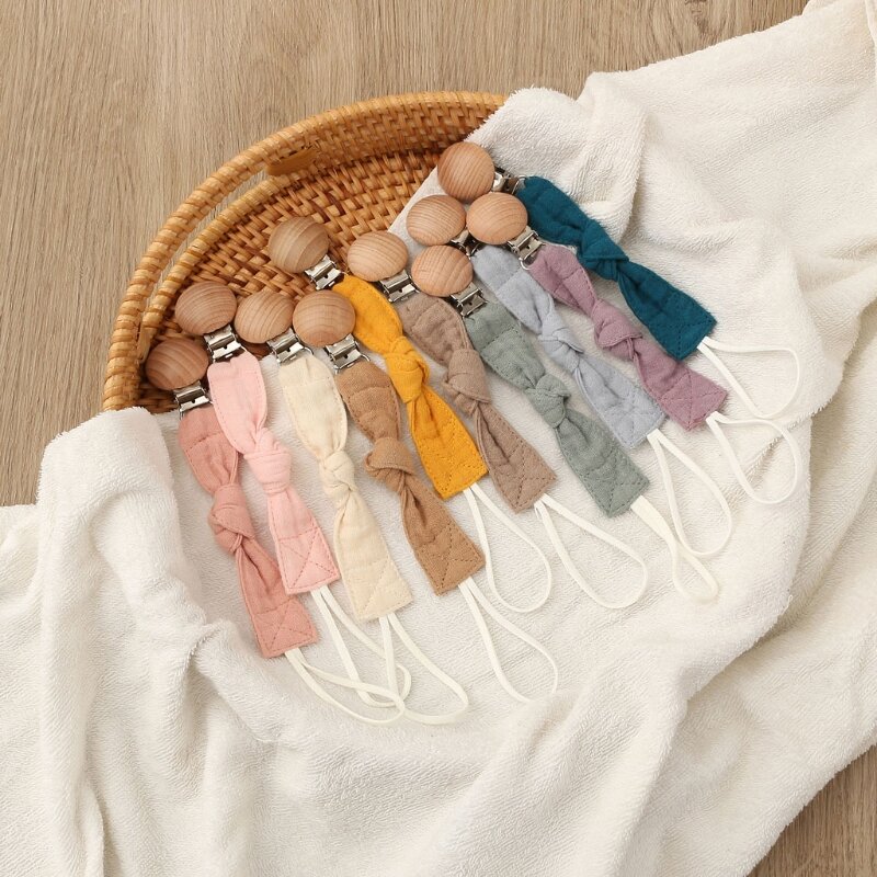 1pc Cotton Baby Pacifier Clip Chain Beech Wood Pacifier Clip Solid Color Soother Holder Infant Teething Chain