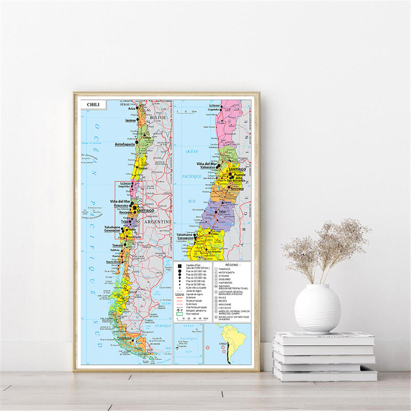 59*84cm The Chile Transportation Map (In French) Canvas Painting  Wall Art Poster Living Room Home Decoration School Supplies