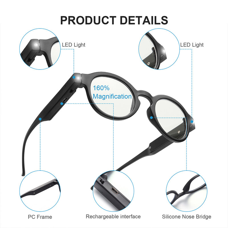 조명 독서 안경, 남성 및 여성용, LED 조명 확대 안경, USB 충전식 확대경, 리더