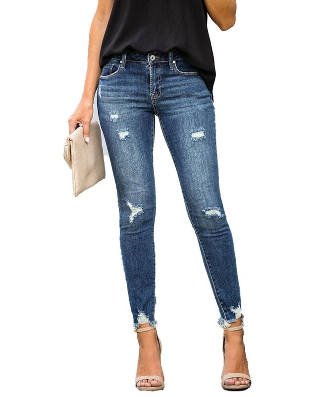 Nowa średnio wysoka talia obcisłe dżinsy rurki damskie Vintage Distressed spodnie dżinsowe otwory zniszczone ołówkowe spodnie spodnie typu Casual letnie porwane jeansy