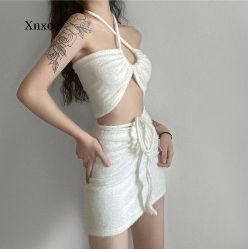 Ensemble deux pièces Y2K blanc à la mode, tenue froncée, Bandage ajouré, débardeur court et Mini-jupe moulante, Streetwear des années 2000