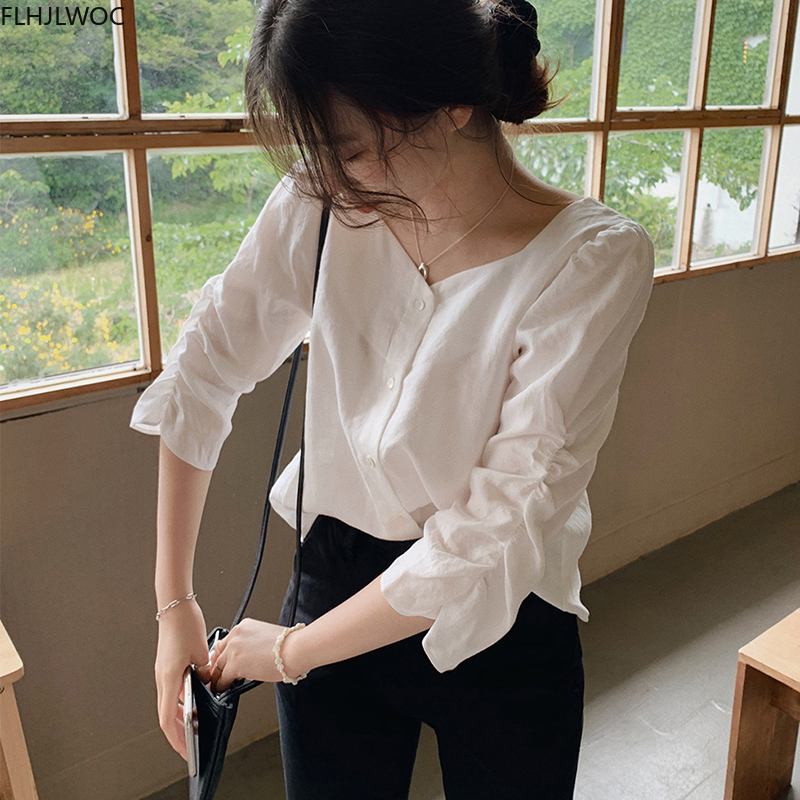 Kaus Dasar Musim Gugur Musim Gugur 2020 Atasan Kancing Kancing Kancing Sebaris Gaya Preppy Lucu Blus Antik Cantik Korea Jepang Atasan Wanita Putih Polos
