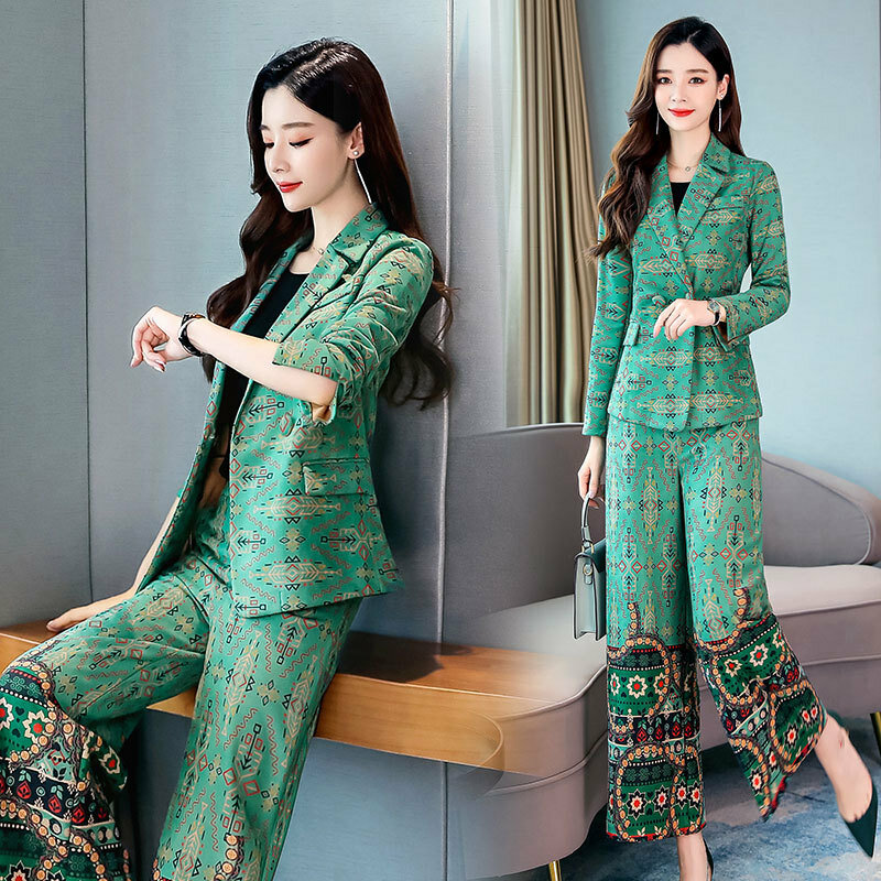Women's Office Lady Two Piece  Business Elegant  Blazer Top and Pant Suits Leaf Print 2 Piece Outfits