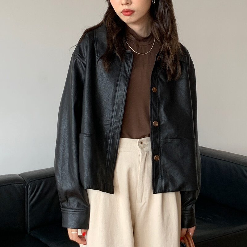 Jaket Kulit Elegan Korea Wanita Y2K Mode Jaket Moto Kulit Jalanan Mode Streetwear Dipotong Longgar Jaket Musim Dingin Wanita
