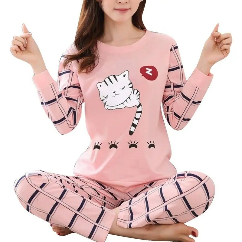 Conjunto de pijama estampado de gato de desenho animado de duas peças para mulheres, pijamas de manga longa, roupas íntimas fofas para meninas, inverno