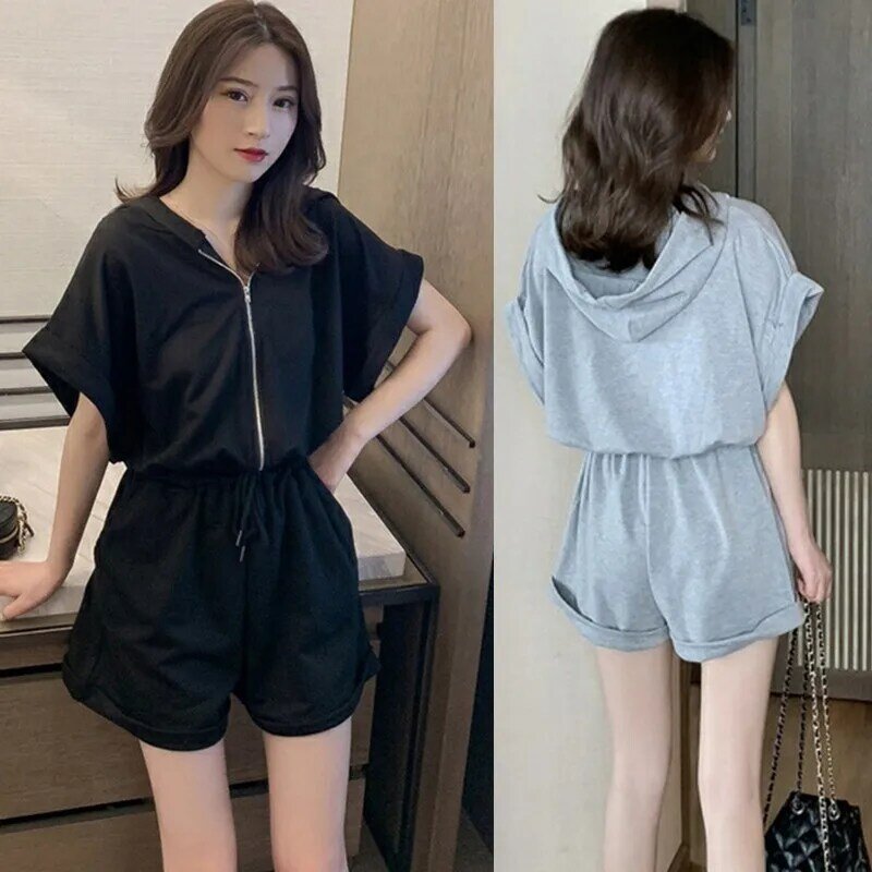 playsuits Women's fashion Korean summer casual solid color one-piece waist short-sleeved hooded sweater playsuits