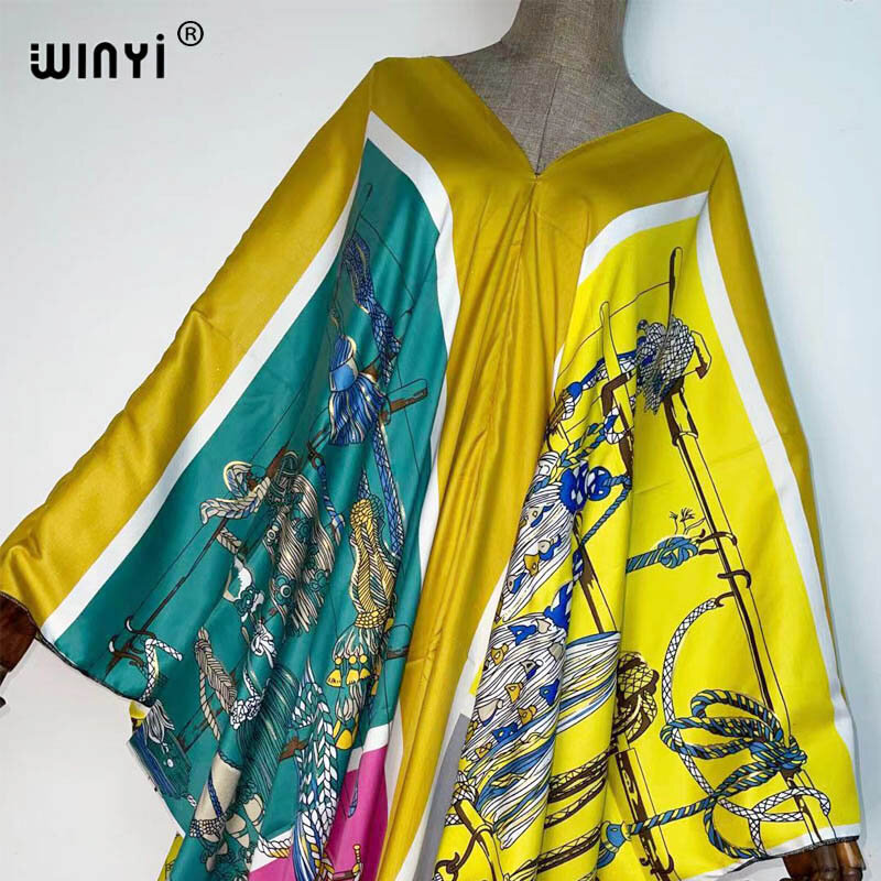 Blogger Fashion Kuwait Merekomendasikan Gaun Maxi Kaftan Sutra Cetak Populer Gaun Panjang Bohemian Pantai Musim Panas Longgar untuk Wanita