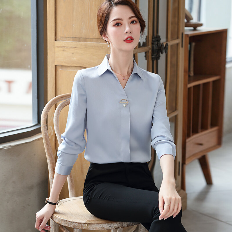 Женская атласная блузка Lenshin, элегантная офисная рубашка с отложным воротником, свободного покроя, тканевые рубашки