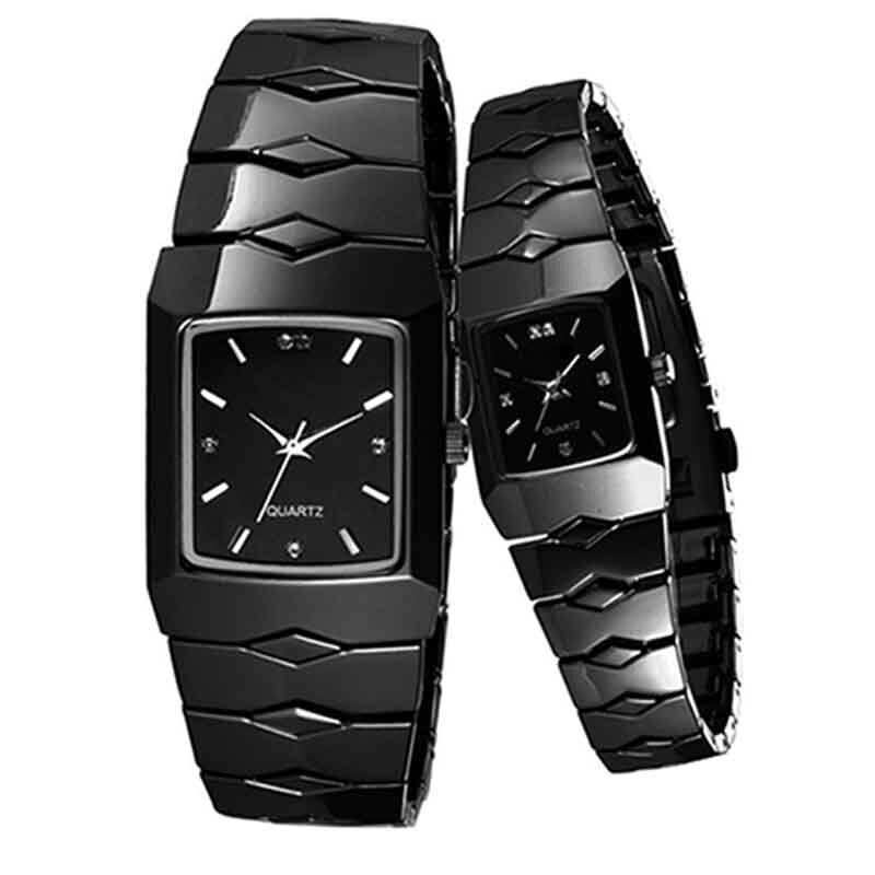 คู่นาฬิกาสแตนเลสสตีลสีดำนาฬิกาผู้ชาย Luxury นาฬิกาข้อมือควอตซ์แบบคลาสสิกนาฬิกาผู้หญิงออกแบบใหม่5D7D 6UFT Reloj Mujer