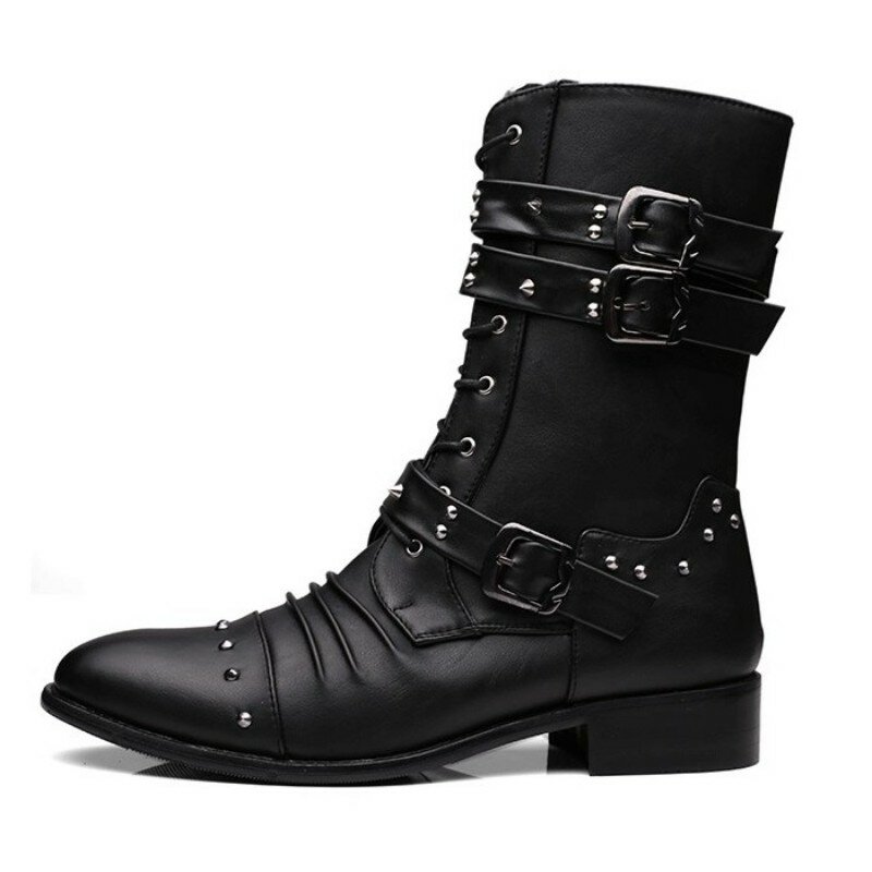 High-top inglaterra estilo sapatos moda homens rebite zip dedo do pé apontado couro tornozelo qualidade superior botas de motocicleta chaussure homme
