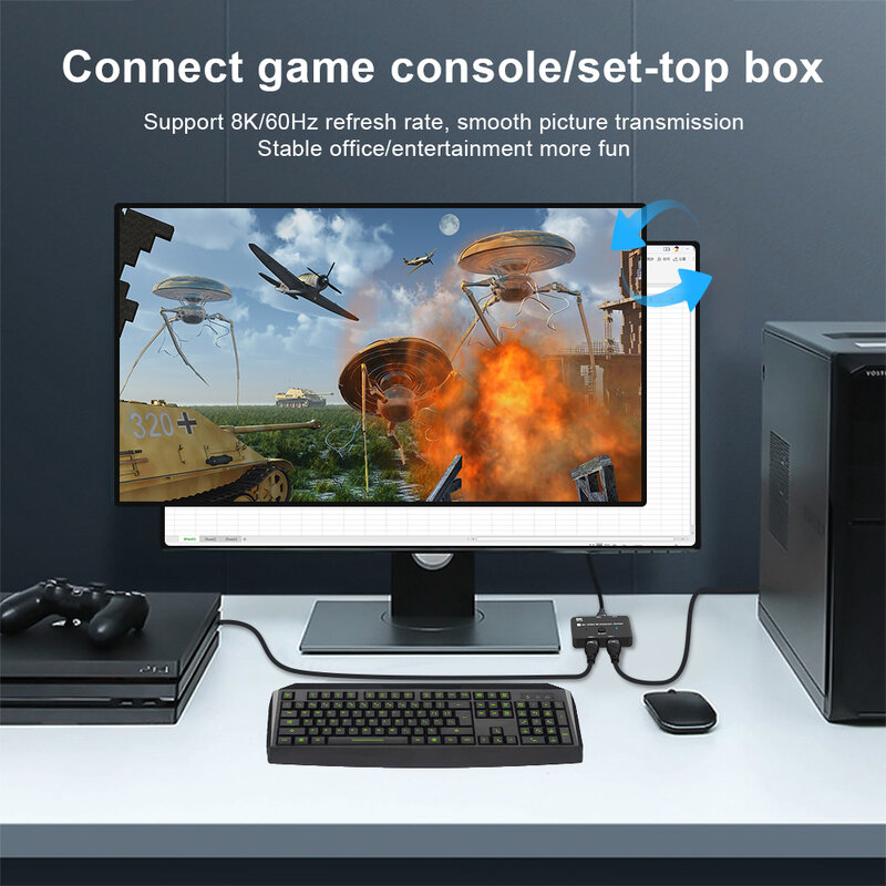Répartiteur de commutateur bidirectionnel compatible HDMI Ultra HD 2.1, 8K @ 60Hz, 4K @ 120Hz, 1 entrée, 2 sorties, adaptateur pour Xbox PS5 Qurtors