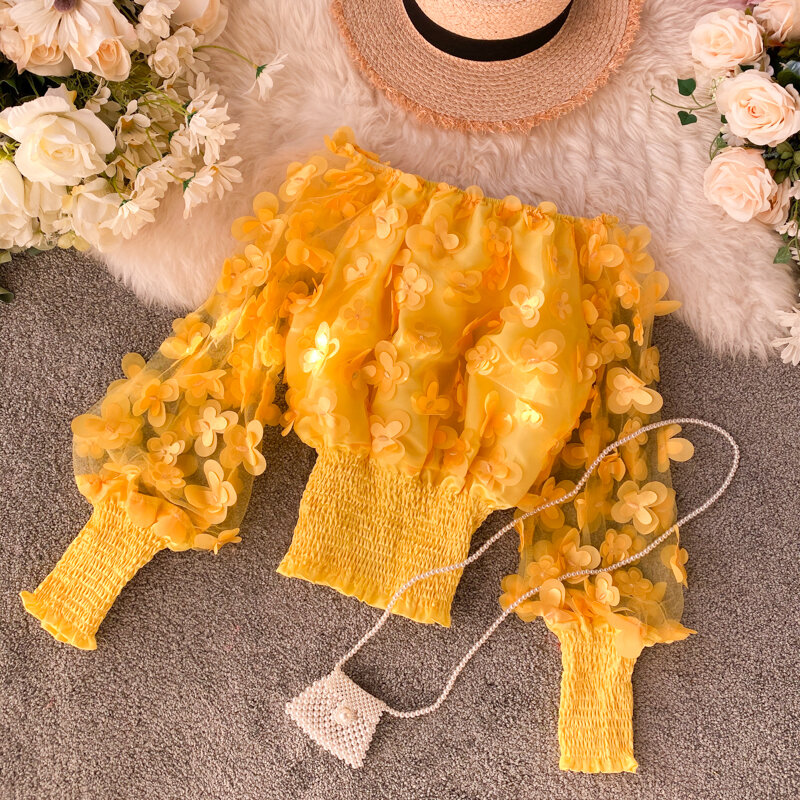 Cakucool-Blusa de manga abombada con estampado floral 3D para niña, camisa de gasa ajustada con cintura elástica, cuello oblicuo