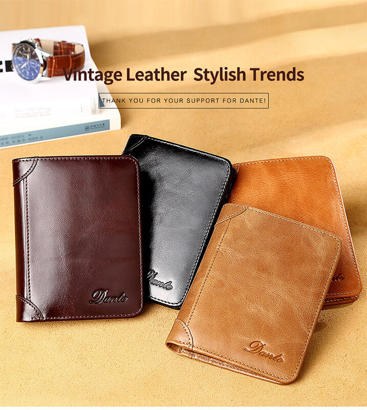 Dante Men's Leather Wallet RFID Anti-theft Brush Head Layer Cowhide Retro Casual Vertical Multi-Function Money Bag Money Clips