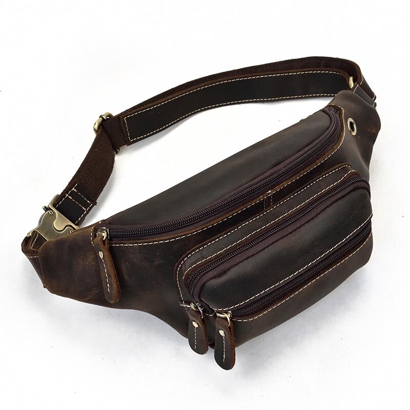 Bolsa de cinturón de cuero para hombre, riñonera informal de piel de vaca con agujero para auriculares, crazy horse