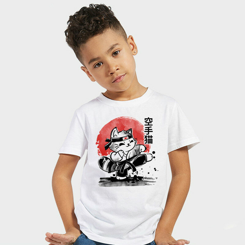 T-shirt à manches courtes de dessin animé populaire pour garçons et filles, haut animal mignon, vêtements pour enfants, chat de karaté, BAL128