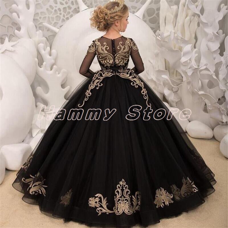 Black Flower Girl Dress with Gold Appliques Long Sleeves First Holy Communion Gowns Floor Length Pageant Dresses for Girls