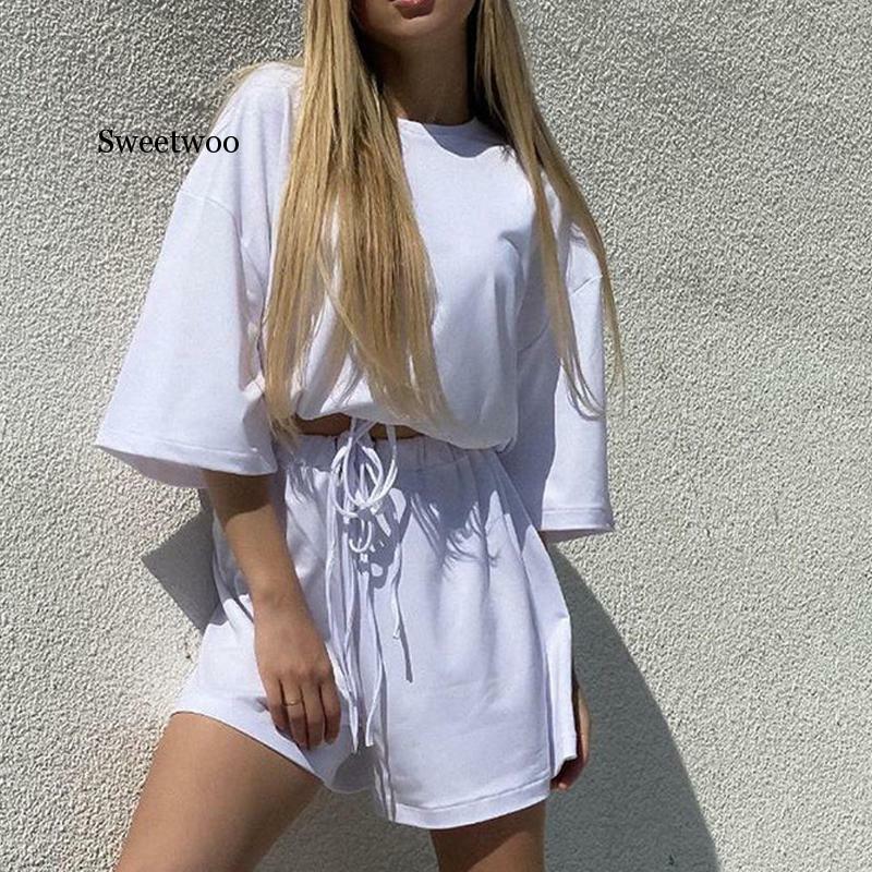 Womens Tracksuits 2 Piece Set Summmer Oversize Sweatshirt + Sporting Shorts Sweat Set Two Piece Outfit Solid Color Sets