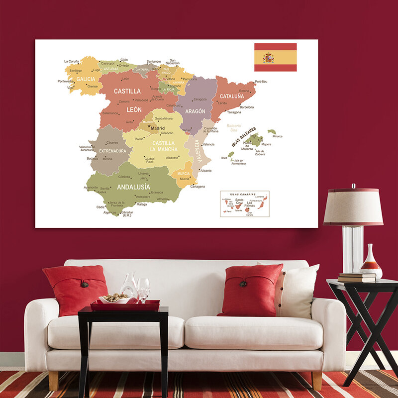 225*150 cm 스페인지도 스페인어 대형 벽 포스터 부직포 캔버스 회화 사무실 홈 인테리어 어린이 학교 용품