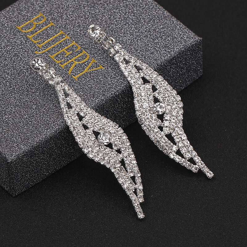 BLIJERY Fashion Bride Long Drop Earrings for Women Silver Color Rhinestone Hanging Dangle Earrings Night Party Wedding Jewelry
