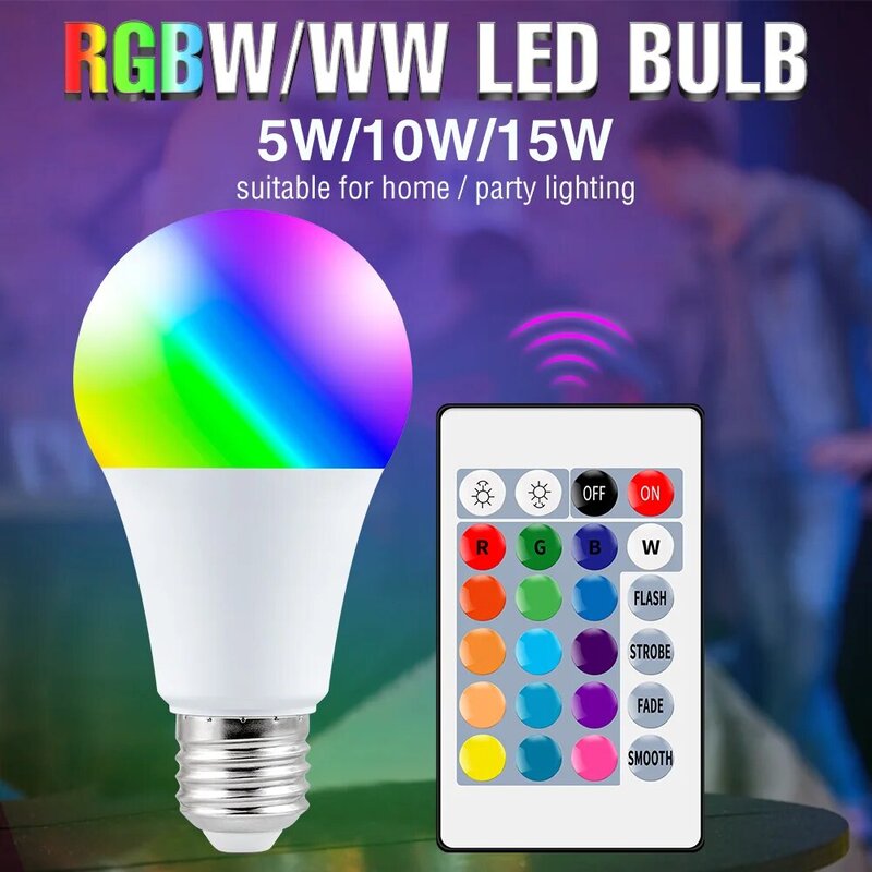 Lâmpada RGB regulável com controle remoto IR, lâmpadas mágicas, lâmpada LED colorida, decoração de casa, E27, 16 cores, 220V, 5W, 10W, 15W, 2835 SMD